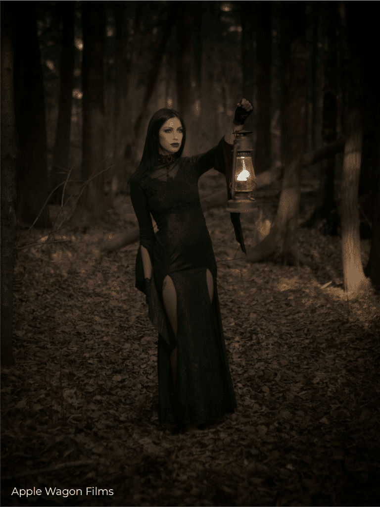 A woman in a black dress holding a lantern in the woods.
