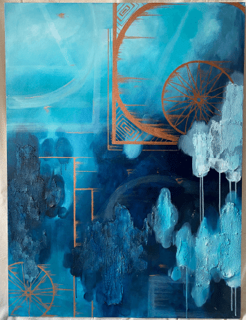 An abstract painting with Steampunk Euphoria elements in shades of blue and gold, exuding a sense of euphoria.