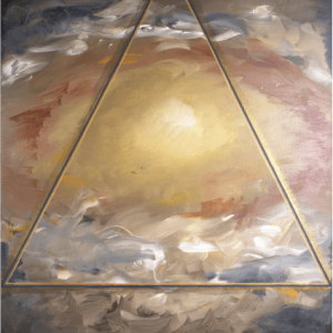 A painting of a triangle with a sun in the middle.