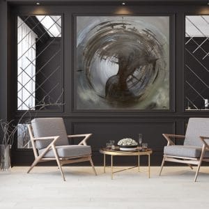 A black and white living room with a large Lilith - SOLD on the wall.