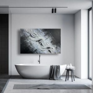 A black and white bathroom entangled with a bathtub and an Entanglement - SOLD painting.