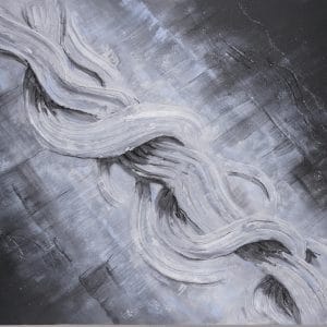 An abstract painting of a white and black wavy line.
