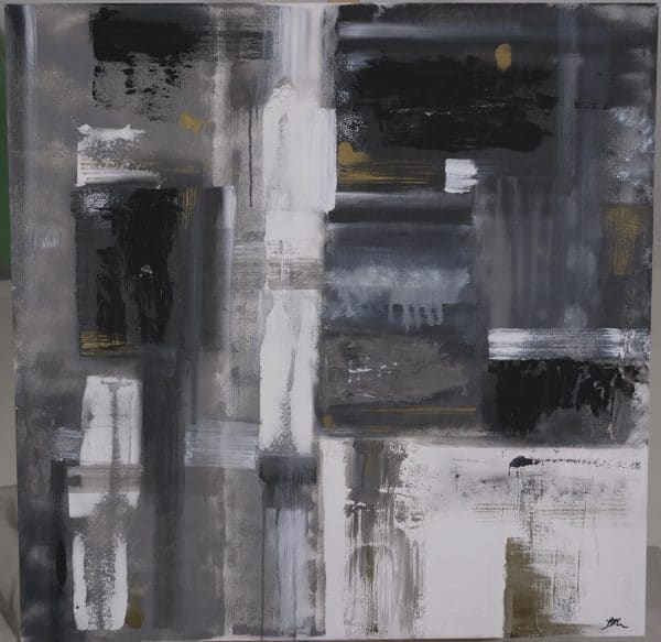 An abstract painting with black, white, and grey colors.