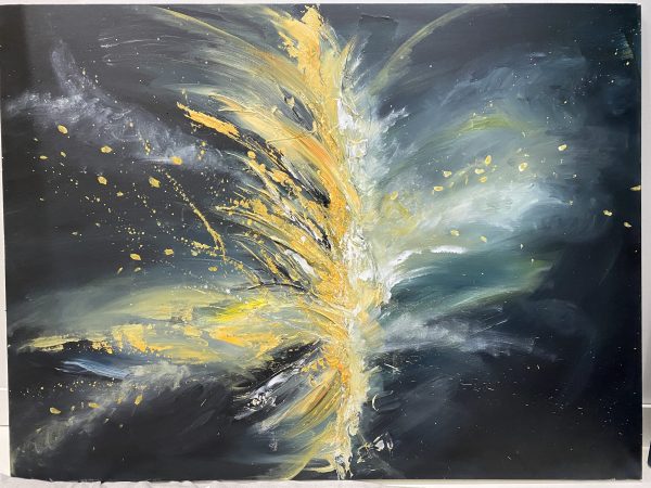 An abstract painting of a yellow feather on a black background, conveying the Cataclysmic impression.