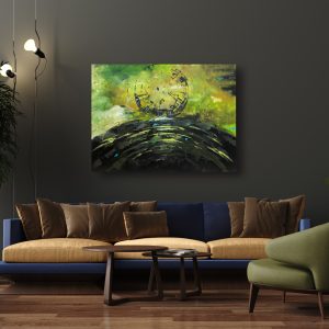 An abstract painting hangs above a couch in a living room.