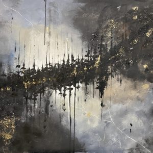 An abstract painting with gold and black drips.