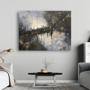 A black and gold abstract painting in a living room.