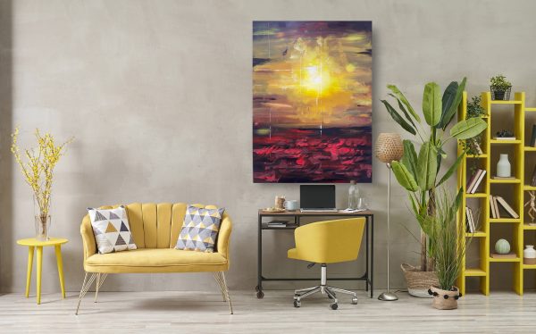 An abstract painting hangs above a yellow chair in a living room.
