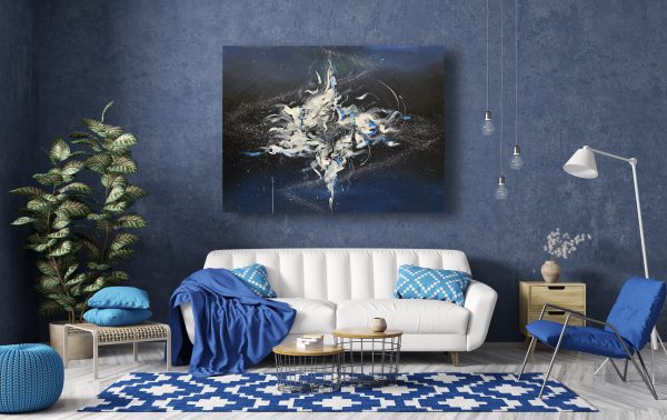 A blue living room with the Thermophilic painting on the wall.
