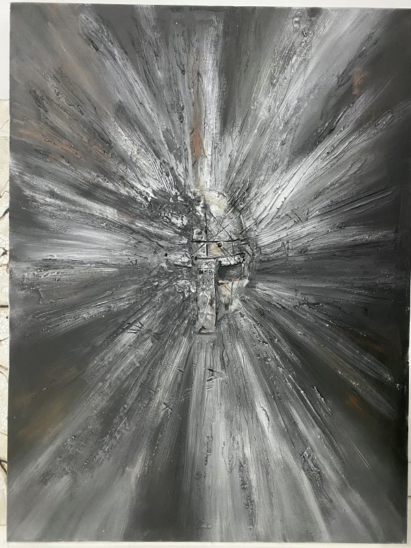 A black and white painting featuring the product "War" sunburst.