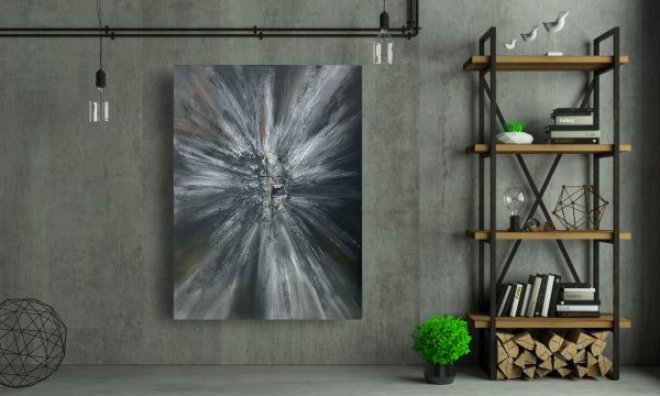 A black and white abstract painting depicting the haunting realities of War, serving as a captivating centerpiece in a living room.
