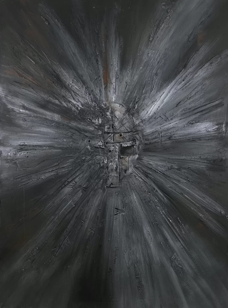 A black and white painting with a sunburst in the middle.