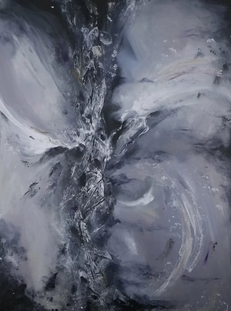 An abstract painting with black and white swirls.