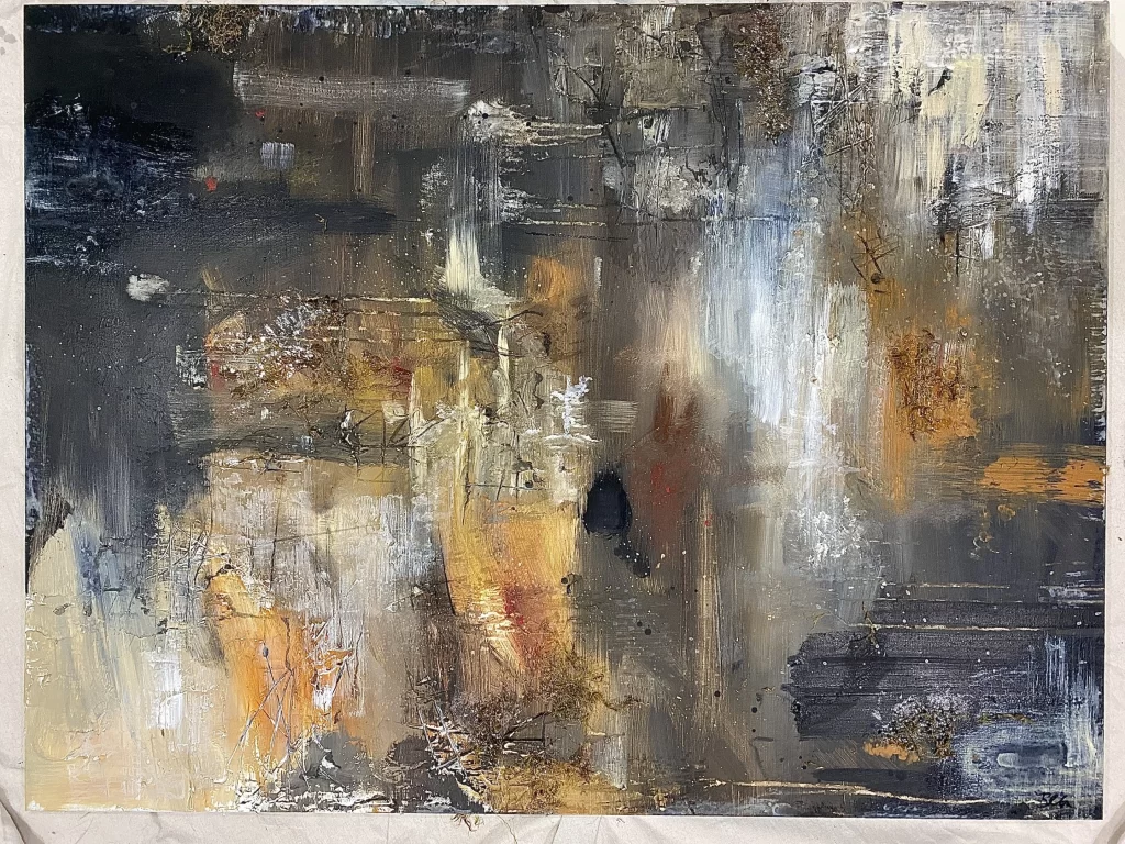An abstract painting with yellow, brown, and black colors.