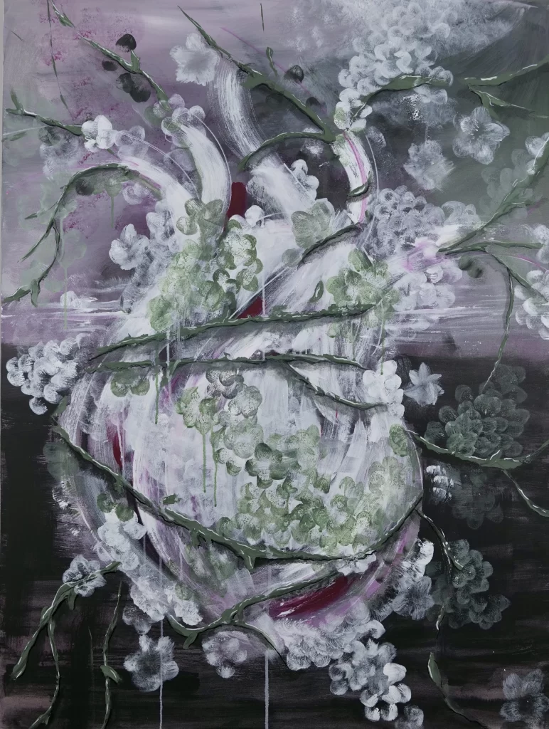 A painting with white flowers and green leaves.