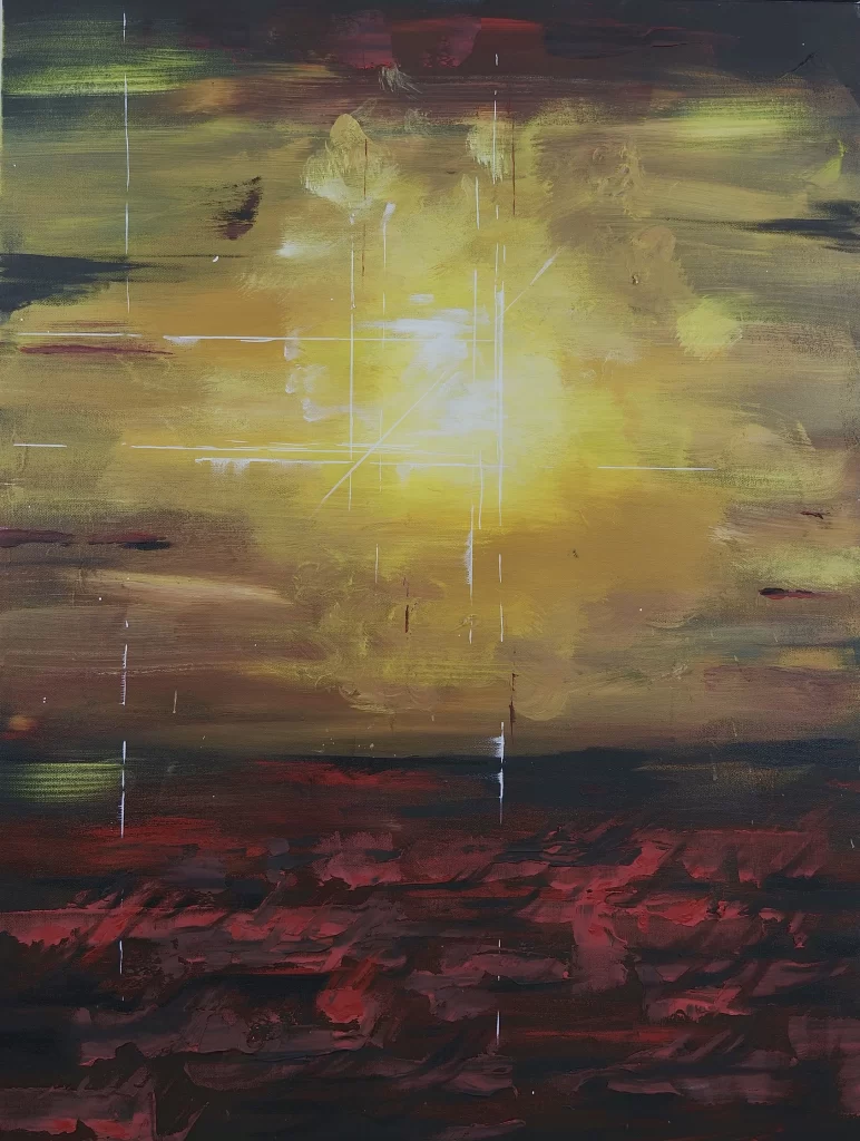 A painting of a sunset with red and yellow colors.