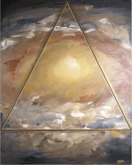 A painting of a triangle with a sun in the middle.