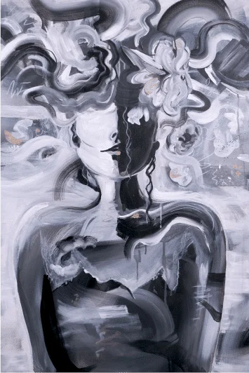 A Duality-inspired painting of a woman with flowers on her head, depicted in black and white.
