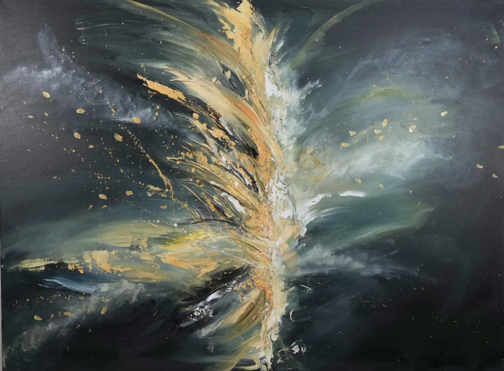 An abstract painting of a golden feather on a black background.