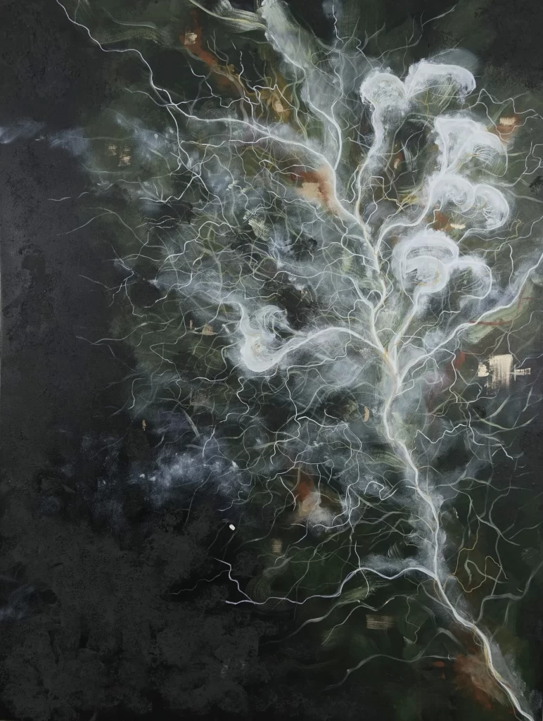 A painting of a tree with white smoke coming out of it.