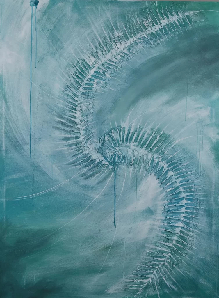 An abstract painting of a skeleton in blue and white.