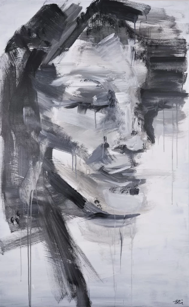 A black and white painting of a woman's face.
