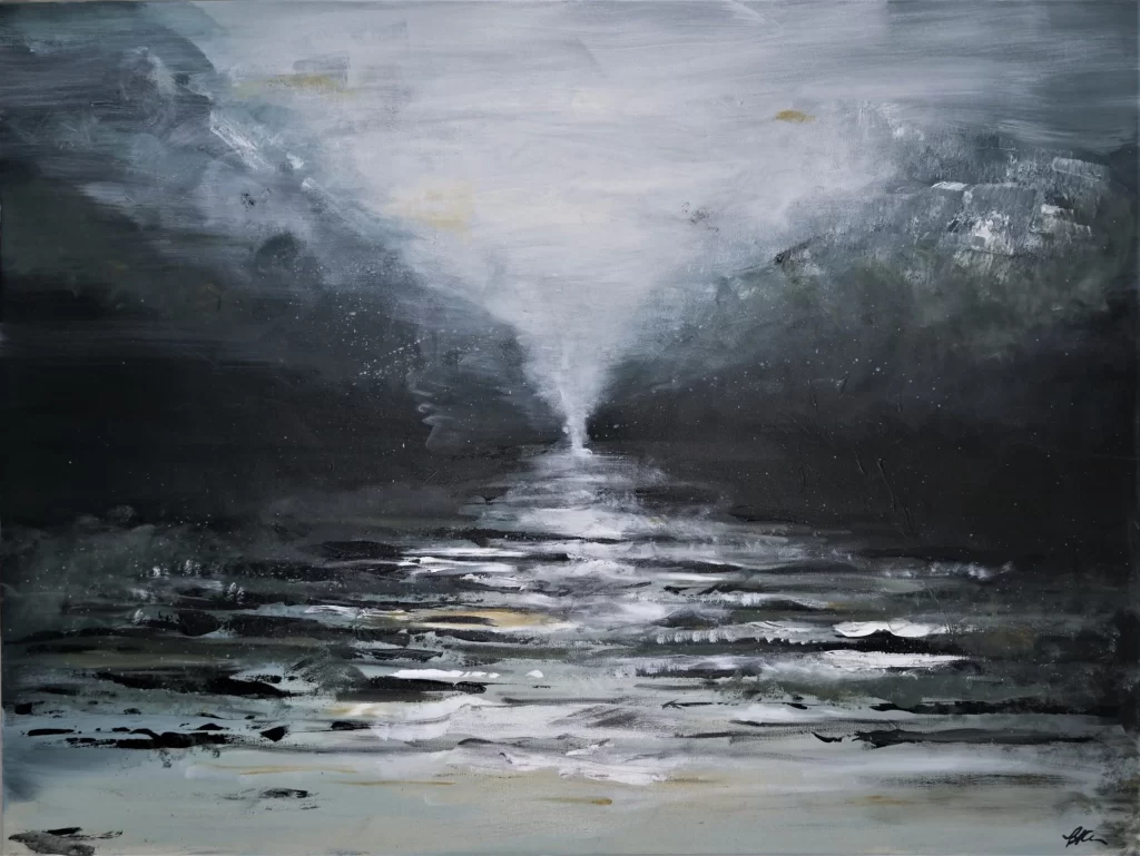 A painting of a black and white painting of a river.